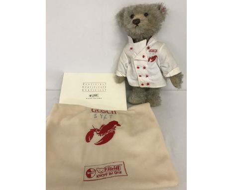 A limited edition Steiff Teddy Bear 'Fish Trader Gosch'. White label. EAN 671623. Grey-beige mohair. Issued in 2003, #1338/15