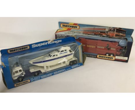 2 boxed Matchbox Superkings vehicles. A K-116 Ferrari Racing Car Transporter with 2 cars, box good together with K-107 Powerl