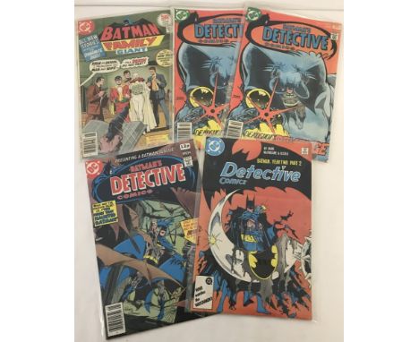 5 vintage Batman comics of note. Includes Batman Family #11. 2 Copies of Detective Comics #474 (2nd Appearance of Deadshot, 1
