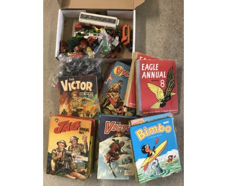 A box of assorted toys and annuals. Comprising:- play worn diecast cars, Airfix 1:32 scale plastic soldiers, and c1970's annu