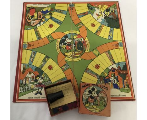 c1930-40's Chad Valley Mickey Mouse Ludo board game. Complete with rules, die, die shaker, and counters (one replaced). 