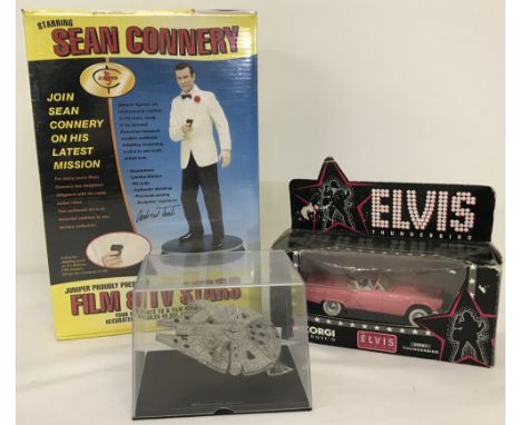 Sean Connery display figure (sealed) by Juniper together with Elvis Ford Thunderbird model by Corgi. And Star Wars Millennium