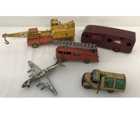 5 vintage Dinky vehicles. Comprising:- Fire Engine, British Railways Horse Box, Coles 20 Ton Lorry Mounted Crane, Bedford Dus