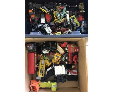A tub of assorted play worn diecast vehicles. To include Hotwheels, Tonka, Corgi and Dinky. 