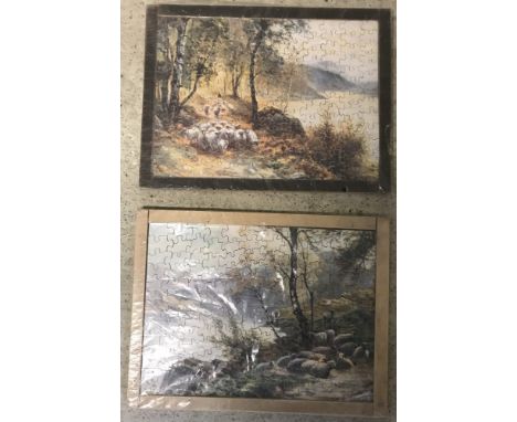 2 vintage wooden jigsaw puzzles depicting rural scenes with sheep.  
