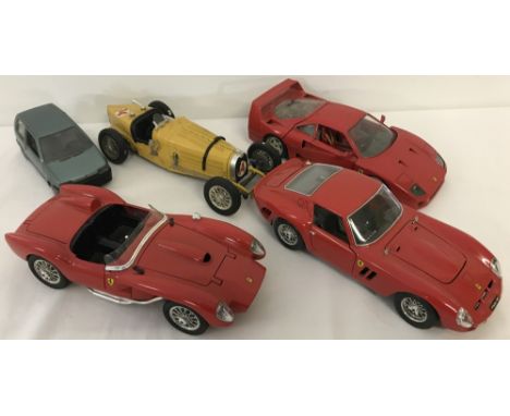 5 unboxed Bburago cars. 4 x 1:18 &amp; 1 x 1:24 scale. Comprising 3 x Ferrari's, 1 x Bugatti, (all 1:18) and 1 x Fiat (1:24).
