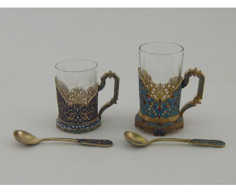 Two similar Russian silver-gilt and cloisonne enamel tea-glass holders  by Gratchev Brothers with Imperial warrant and workma