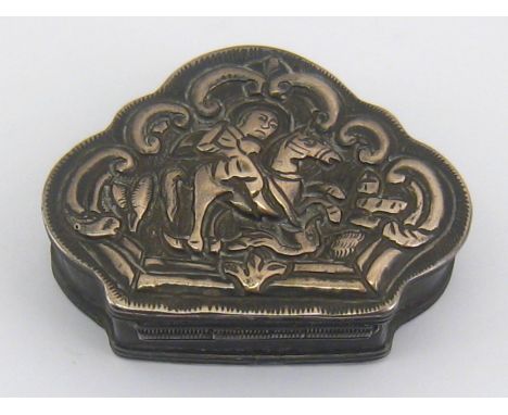 A white metal, tests silver, shaped triangular snuff box, the lid with embossed St. George and Dragon, probably Greek or Otto