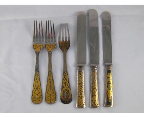 Three pairs of Swedish gilt-inlaid steel table knives and table forks, 19th century, the chain link decoration incorporating 