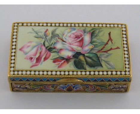 A Russian silver-gilt and cloisonne enamel snuff box by Maria Semenova, 1899/1908, the cover painted en plein with bouquet of