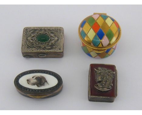 A group of 4 modern pill boxes, three Italian, one oval , enamelled with a dog, Italian marks stamped .800, one stamped 925, 