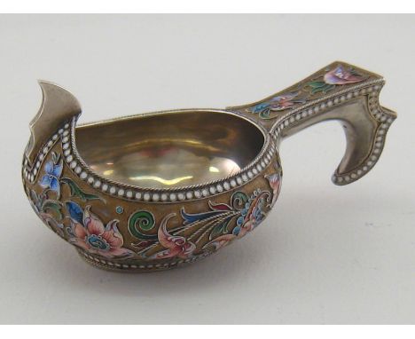 A Russian silver-gilt and shaded cloisonne enamel kovsh, mark of B.A., probably for Vasiliy Agofanov, Moscow, 1899/1908, deco