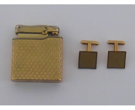 A mixed lot comprising a 9 carat gold cased Calibri mono gas cigarette lighter, together with a pair of 14 carat gold plated 