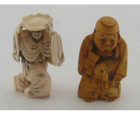 Two Japanese ivory netsuke, one stained, carrying a carp, one a dancing figure carrying a plate above her head. Both signed .