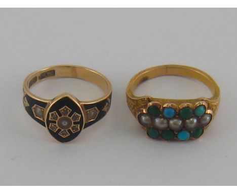 A mixed lot comprising an antique 15 carat gold enamel, seed pearl and diamond mourning ring, size L, 3.1 gms, and an antique