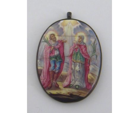 A silver cased hand painted enamel icon pendant. 4.5x6.5cm. 