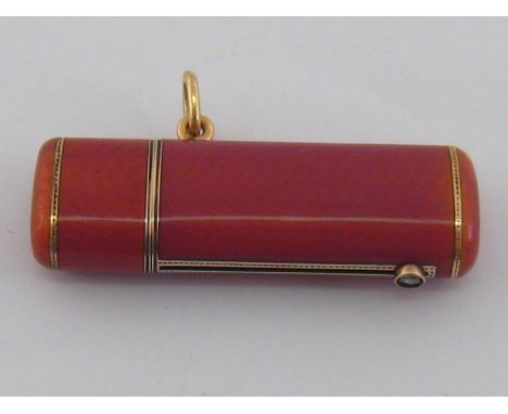 A guilloche enamel lipstick holder with tranlucent deep rose pink enamel, indistinctly marked on chenier with Russian gold ma