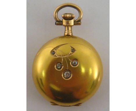 14k gold fob watch. The front of the case set with diamonds depicting cherrys. The back of the case monogrammed "M.U". White 