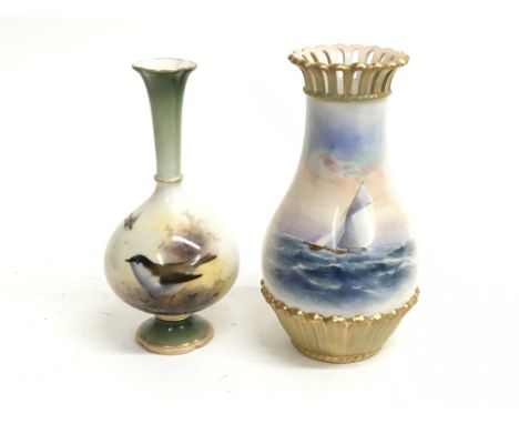 Two small Royal Worcester vases showing scenes of a yacht and birds