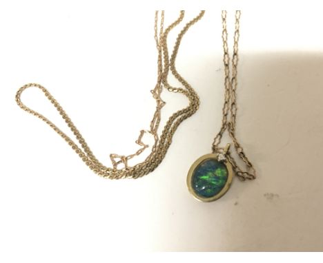 Two 9carat gold chains and one other unmarked chain with an opal doublet pendent.