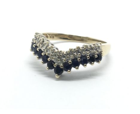 A 9ct gold sapphire and diamond wishbone ring, approx 2.4g and approx size M-N.