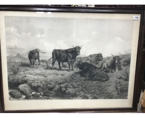 A large framed print of grazing cattle by Rosa Bonheir.