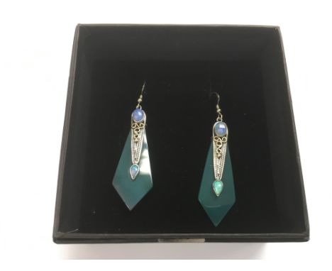 A pair of Art Deco style earrings set with opals and silver, approx 5.5cm length.