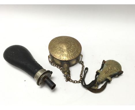 Old round brass power flask, unusual heavy brass powder flask with strap and a Hawksley flask