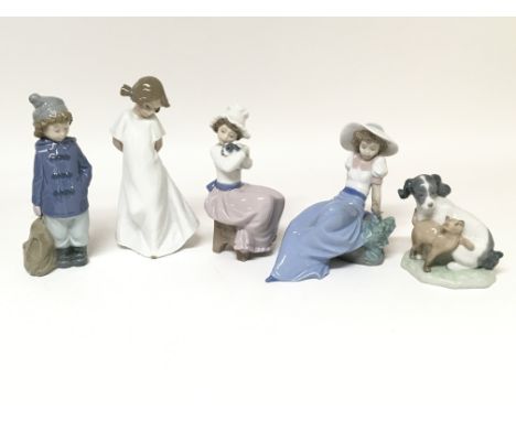 Another collection of five Nao figures including a figure of a dog and a cat