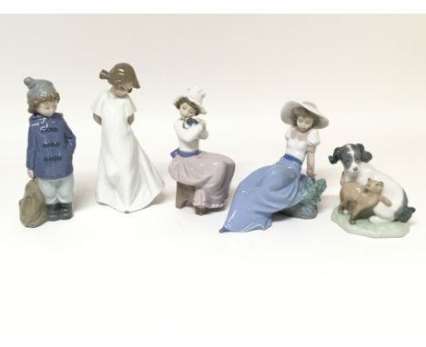 Another collection of five Nao figures including a figure of a dog and a cat