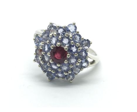 A 9ct white gold ruby and possibly topaz cluster ring, approx 4g and approx size N.