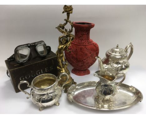 A collection of items including a gilt figural candlestick, silver plated tea service, a resin vase etc.