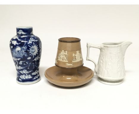 Three ceramic items consisting of a Doulton Lambeth stoneware match striker, a small Chinese vase and a white Portmeirion Par