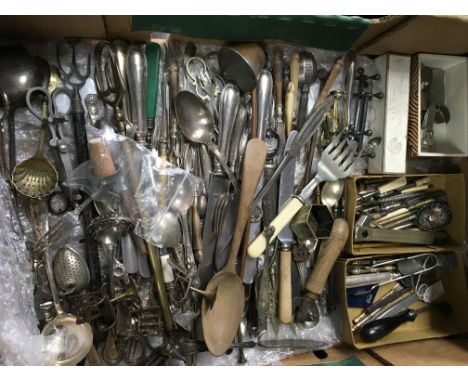 A collection of cigar cutters , sewing tools and plated cutlery various