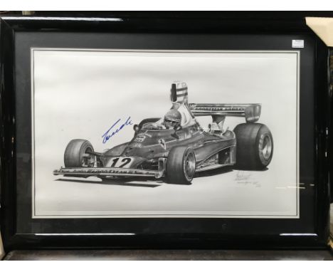 A Niki Lauda and Ferrari 312T3 limited edition print by Alan Stammers signed by Niki Lauda and the artist 109/250. Framed and