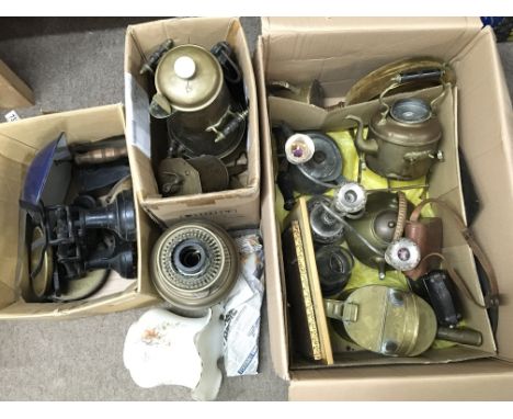 Three boxes of various metal items including brass kettles, two folding cameras - an Ensign Selfix 20 and a Kodak 1-A Jr, a h