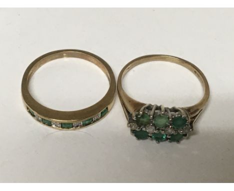 Two 9carat gold rings set with Emerald and diamonds. Ring size L-M. (2)