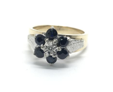 A 9ct gold sapphire and diamond cluster ring, approx 4.6g and approx size K-L.