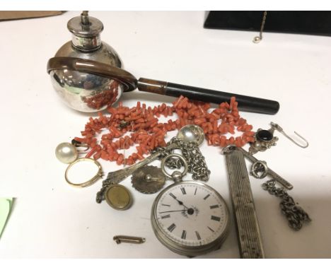 A collection of oddments a coral necklace silver oddments including a watch a gold ring and other oddments.