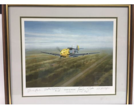 A multiple signed limited edition print of a Messerschmitt bf109 in flight titled 'Knight of the sky' by Gerald Coulson, appr