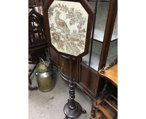 A Victorian mahogany Pole fire screen Inset with peacock and floral panel - NO RESERVE