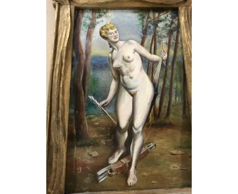 A oil painting on board depicting  a nude classical maiden , In a gilt art nouveau style frame. 20 cm by 30 cm .