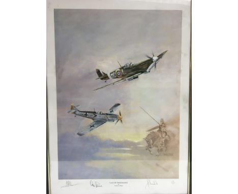 A multi signed limited edition print of a Spitfire and Messerschmitt bf109, approx 55cm x 75cm - NO RESERVE