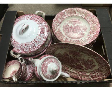 A collection of La Cartuja dinner service items with red transfer print decoration on a white ground - NO RESERVE