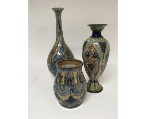 A Royal Doulton stone ware bottle vase damaged neck height 35cm one other similar art vase and 20th Century French art vase w