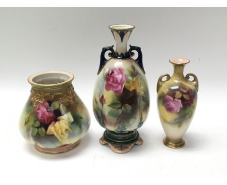 Three Royal Worcester vases of varying shapes, all depicting roses