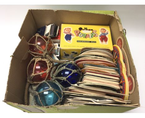 Quality vintage beer mats, old Pelham puppet of a foal in original box and four glass floats
