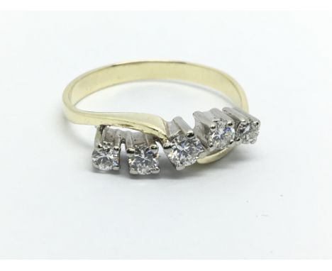 A gold five stone diamond ring, approx 1/2ct, approx 3g and approx size Q-R.