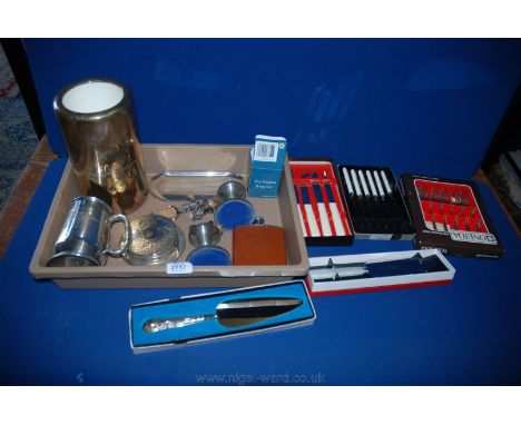 A quantity of silver plate to include candlesticks, coasters, boxed cutlery and cake slices, hip flask etc.,