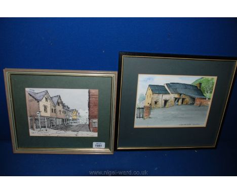 A watercolour on lithograph of an original drawing by George Godsell of Market Street, Abergavenny and a Watercolour over ink